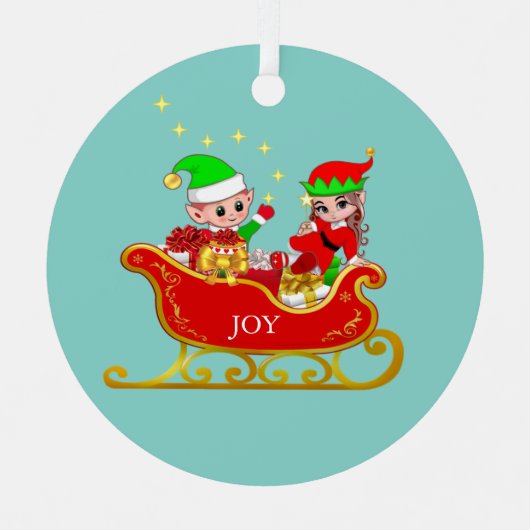 Cute Kerstmis Elf over Sleigh Metalen Ornament (Voorkant)