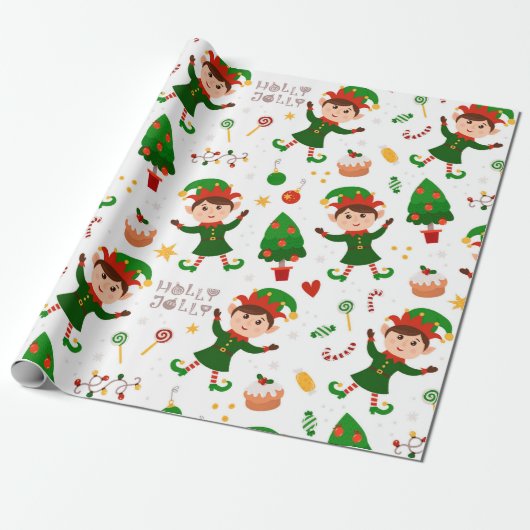 Cute Kerstmis Elf Pattern Cadeaupapier (Uitgerold)