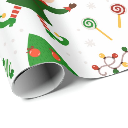 Cute Kerstmis Elf Pattern Cadeaupapier (Rol Hoek)