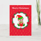 Cute Kerstmis Elf, Pine Wreath & Stars Kaart (Voorkant)
