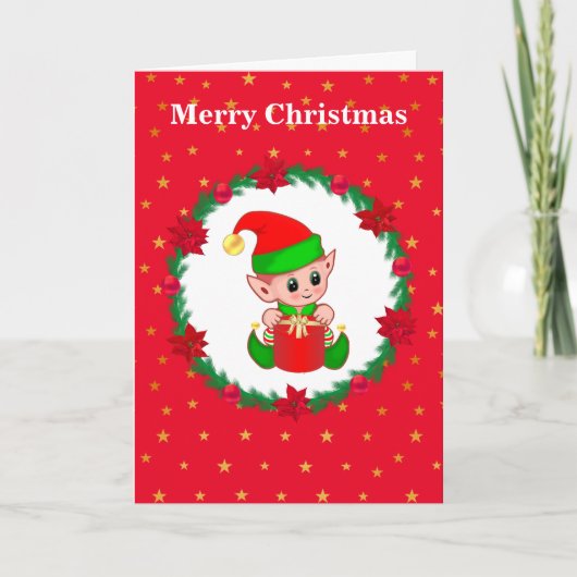 Cute Kerstmis Elf, Pine Wreath & Stars Kaart (Voorkant)