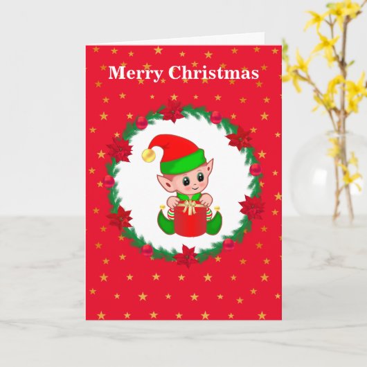 Cute Kerstmis Elf, Pine Wreath & Stars Kaart (Gele Bloem)