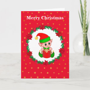 Cute Kerstmis Elf, Pine Wreath & Stars Kaart