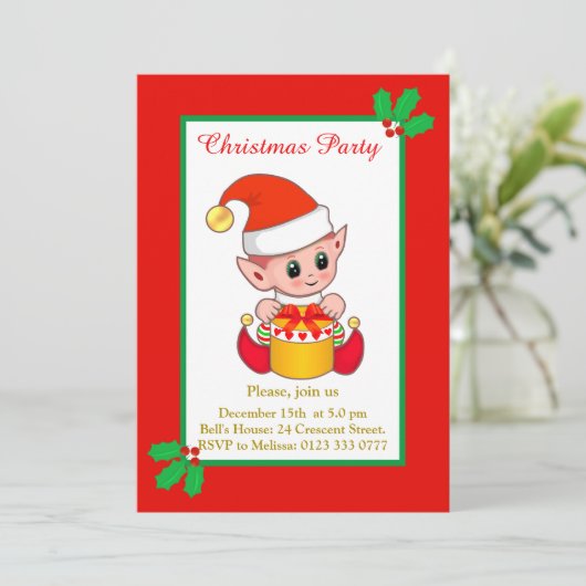 Cute Kerstmis Elf Uitnodiging (Staand voorkant)