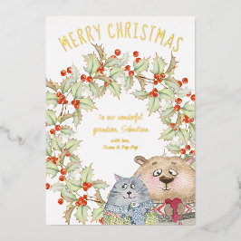 Cute Kerstmis en Dog Holly WreatGold Folie Feestdagenkaart