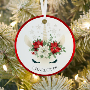Cute Kerstmis Floral Unicorn Holiday Personalized Metalen Ornament