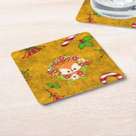 Cute Kerstmis Fox Kartonnen Onderzetters (Schuin)