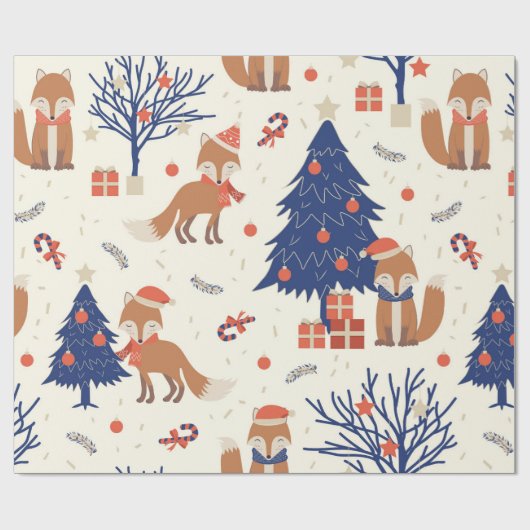 Cute Kerstmis Fox Pattern Cadeaupapier (Vlak)