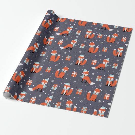 Cute Kerstmis Fox Pattern Cadeaupapier (Uitgerold)