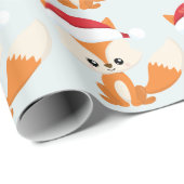 Cute Kerstmis Fox Santa Hat Pastel Blue Pattern Cadeaupapier (Rol Hoek)