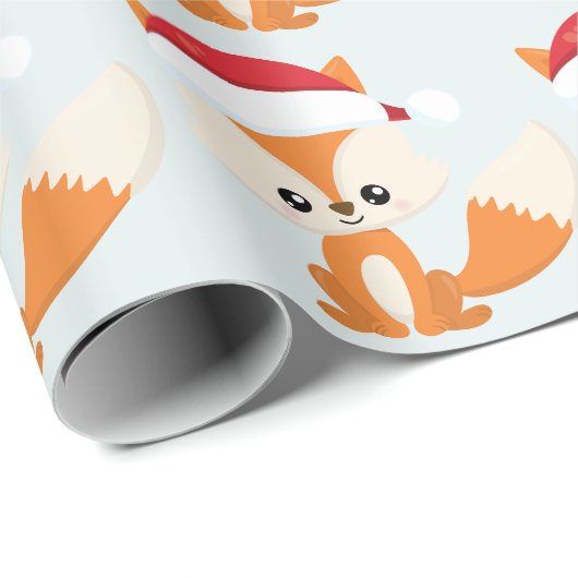 Cute Kerstmis Fox Santa Hat Pastel Blue Pattern Cadeaupapier (Rol Hoek)