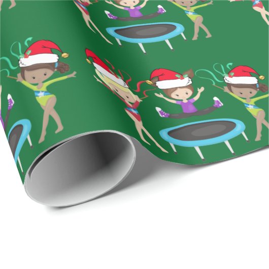 Cute Kerstmis Gymnastics Girls Green Gymnast Cadeaupapier (Rol Hoek)