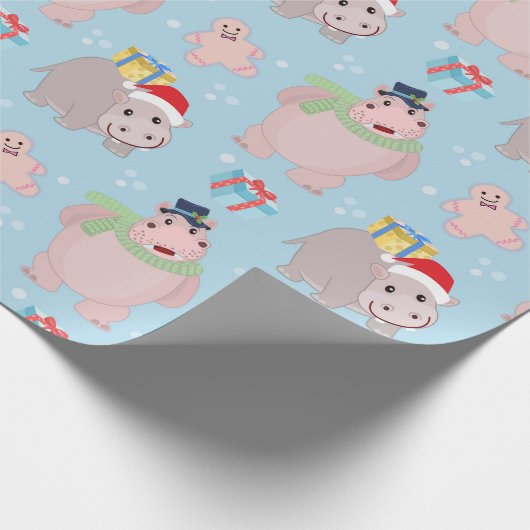 Cute Kerstmis Hippopotamus Pattern Cadeaupapier (Hoek)