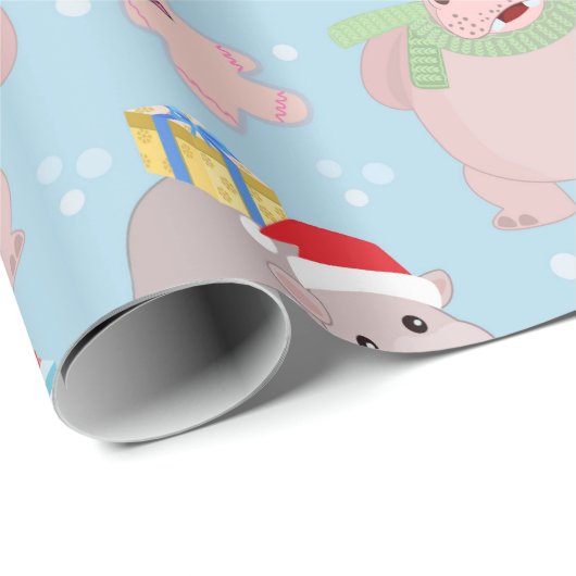 Cute Kerstmis Hippopotamus Pattern Cadeaupapier (Rol Hoek)