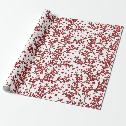 Cute Kerstmis Holly Branches Pattern Cadeaupapier (Uitgerold)