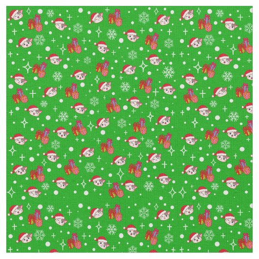 Cute Kerstmis Kat Green Holiday Fabric Stof (Close Up)