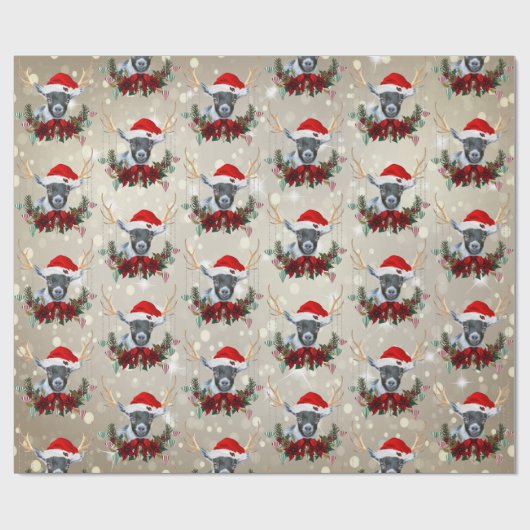 Cute Kerstmis Kind Goat Poinsettia Wreate Cadeaupapier (Vlak)