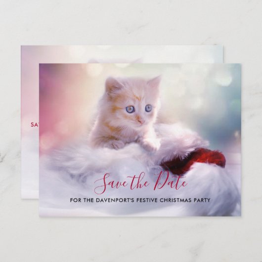 Cute Kerstmis Kitten Party Save the Date Briefkaart (Voorkant / Achterkant)