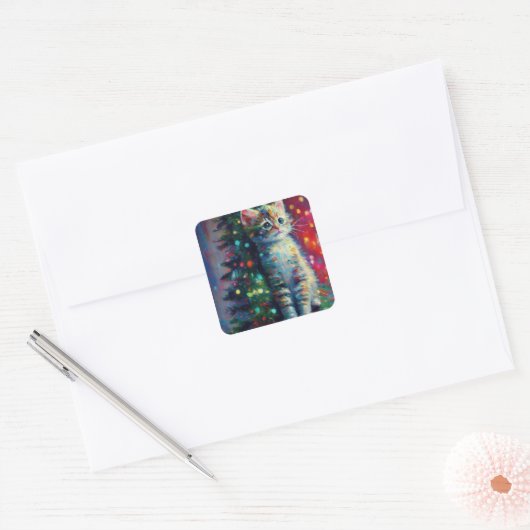 Cute Kerstmis Kitten Vierkante Sticker (Envelop)