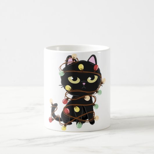 Cute Kerstmis Light Black Cat Koffiemok (Center)