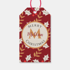 Cute Kerstmis Monogram Burgundy Holly Mistletoe Cadeaulabel