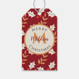Cute Kerstmis Monogram Burgundy Holly Mistletoe Cadeaulabel
