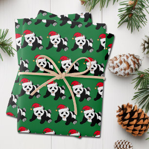Cute Kerstmis Panda Beer Kinder Green Holiday Inpakpapier Vel