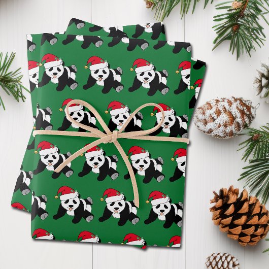 Cute Kerstmis Panda Beer Kinder Green Holiday Inpakpapier Vel