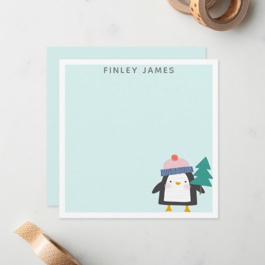 Cute Kerstmis Penguin Blauwgroen Munt Gepersonalis Notitiekaartje (Voorkant / Achterkant in situ)