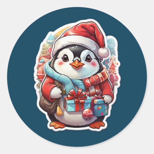 Cute Kerstmis Penguin Cartoon Ronde Sticker (Voorkant)