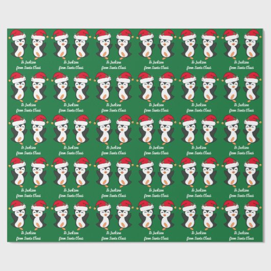 Cute Kerstmis Penguin Custom Kinder Green Holiday Cadeaupapier (Vlak)