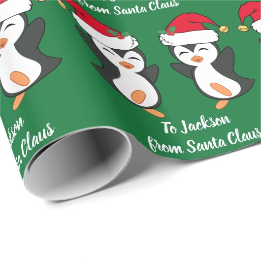Cute Kerstmis Penguin Custom Kinder Green Holiday Cadeaupapier (Rol Hoek)