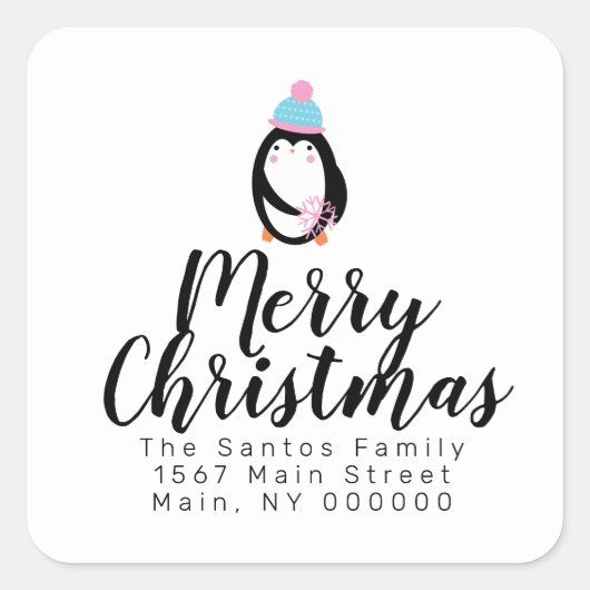 Cute Kerstmis Penguin Snowflake Adres Vierkante Sticker (Voorkant)