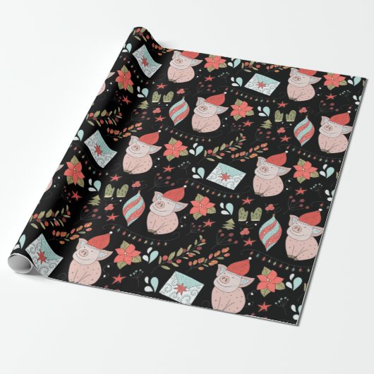 Cute Kerstmis Pig Pattern Cadeaupapier (Uitgerold)