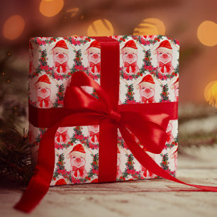 Cute Kerstmis Pig White en Red Funny Waterverf Cadeaupapier