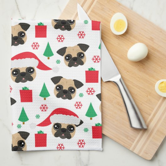 Cute Kerstmis Pug Kitchen Towel Theedoek (Quarter Fold)