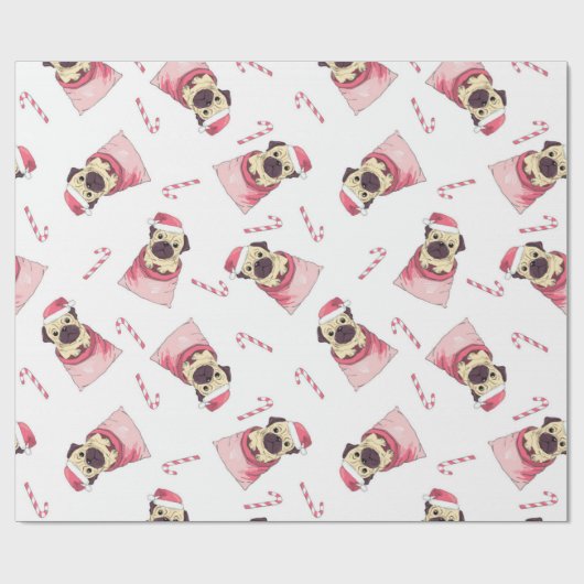 Cute Kerstmis Pug Pattern Cadeaupapier (Vlak)