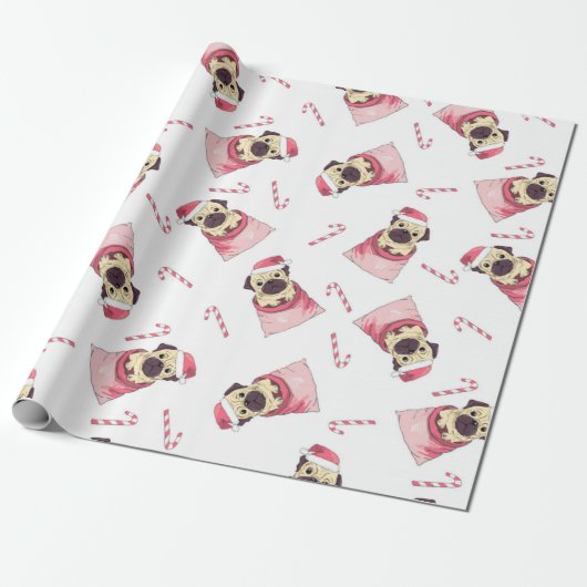 Cute Kerstmis Pug Pattern Cadeaupapier (Uitgerold)