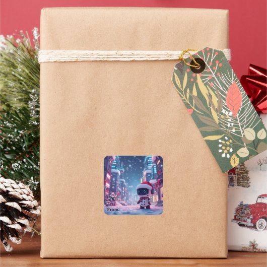 Cute Kerstmis robot cadeautag stickers  (Feestdagen)