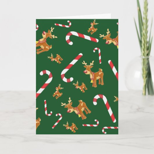 Cute Kerstmis Rudolph Candy Cane Pattern Green Feestdagen Kaart (Voorkant)