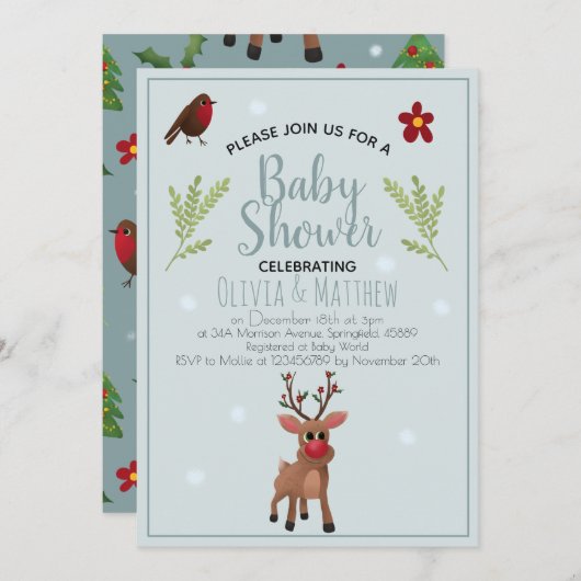 Cute Kerstmis Rudolph Reindeer Baby shower Kaart (Voorkant / Achterkant)