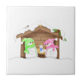 Cute Kerstmis Snowman Manger Tegeltje (Voorkant)