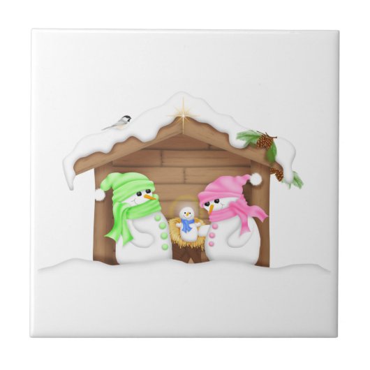 Cute Kerstmis Snowman Manger Tegeltje (Voorkant)