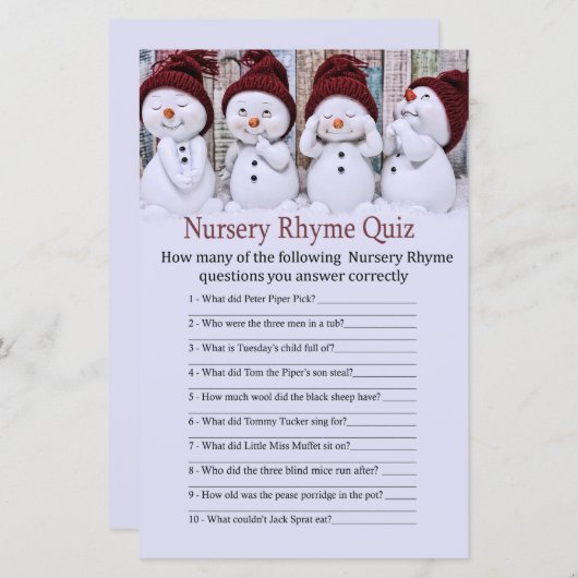 Cute Kerstmis Snowman Nursery Rhyme Quiz game (Voorkant / Achterkant)