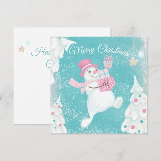 Cute Kerstmis Snowman Pink en Mint (Voorkant / Achterkant)