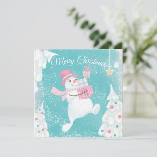 Cute Kerstmis Snowman Pink en Mint (Staand voorkant)