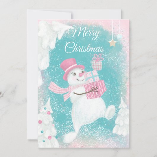 Cute Kerstmis Snowman Pink en Mint Feestdagenkaart (Voorkant)