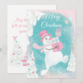 Cute Kerstmis Snowman Pink en Mint Feestdagenkaart (Voorkant / Achterkant)