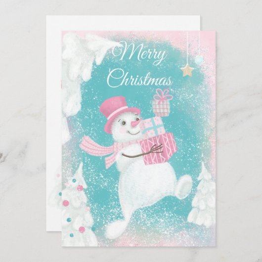 Cute Kerstmis Snowman Pink en Mint Feestdagenkaart (Voorkant / Achterkant)