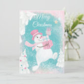 Cute Kerstmis Snowman Pink en Mint Feestdagenkaart (Staand voorkant)
